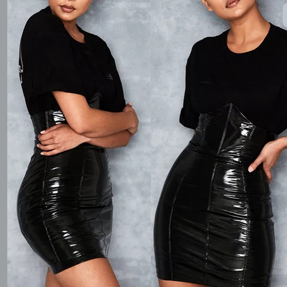 Black vinyl patent faux leather skirt high waisted goth bondage fetish sexy F2 - Picture 4 of 4